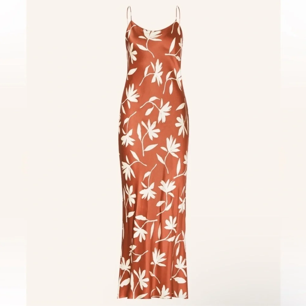 NWT Anine Bing Chloe Silk Satin Maxi Dress Tropical Leaf Print Terracotta Brown